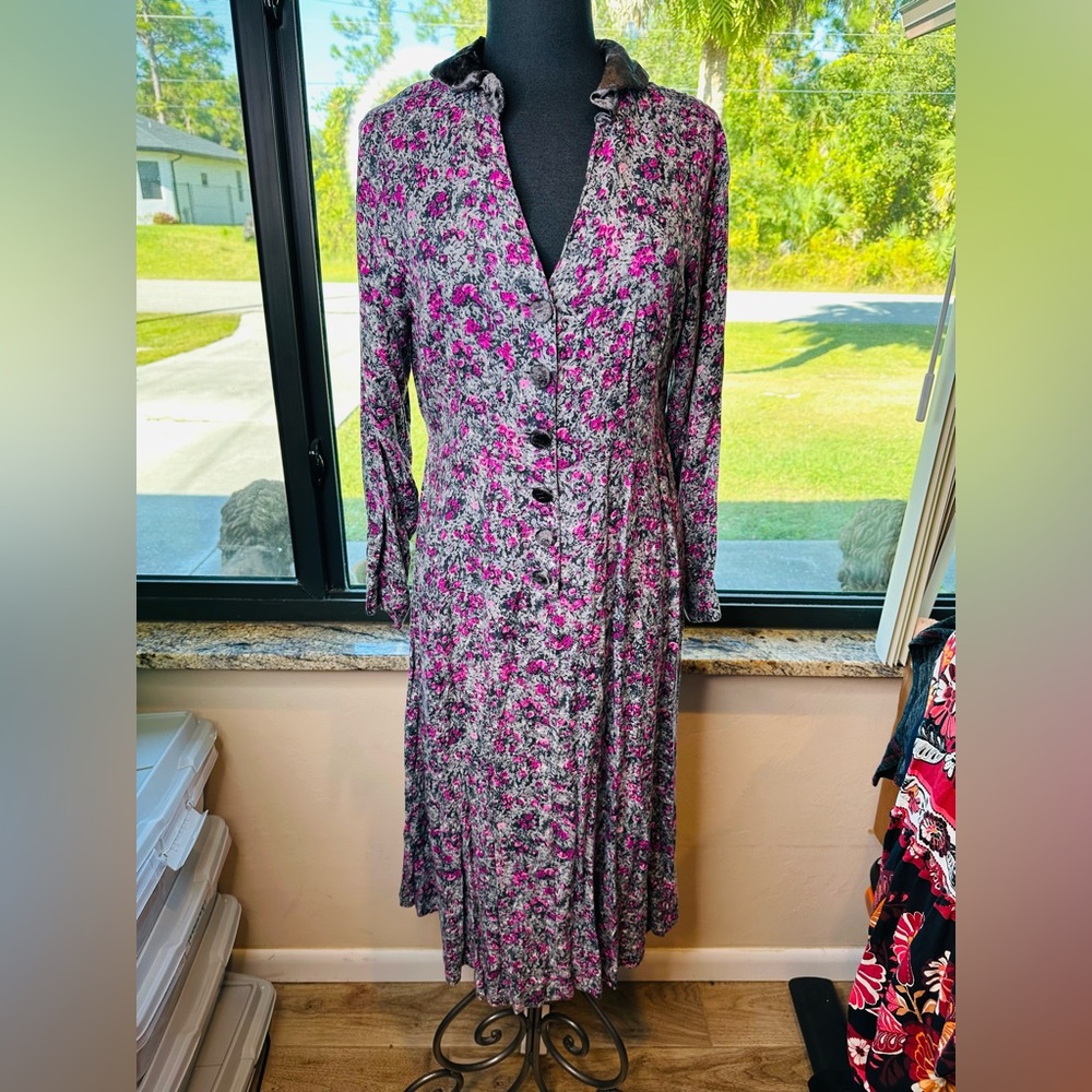 April Cornell Velour Grey Pink Pleated Chunky Button Midi Dress Size Medium